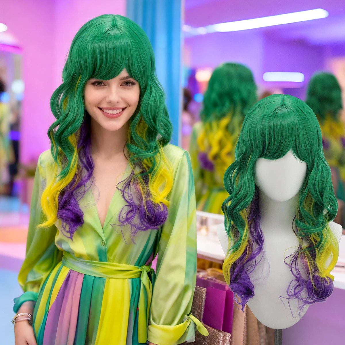 Long Wavy Curly Synthetic Wig with Bangs, Green Yellow Purple Ombre Gradient for Cosplay Party Daily