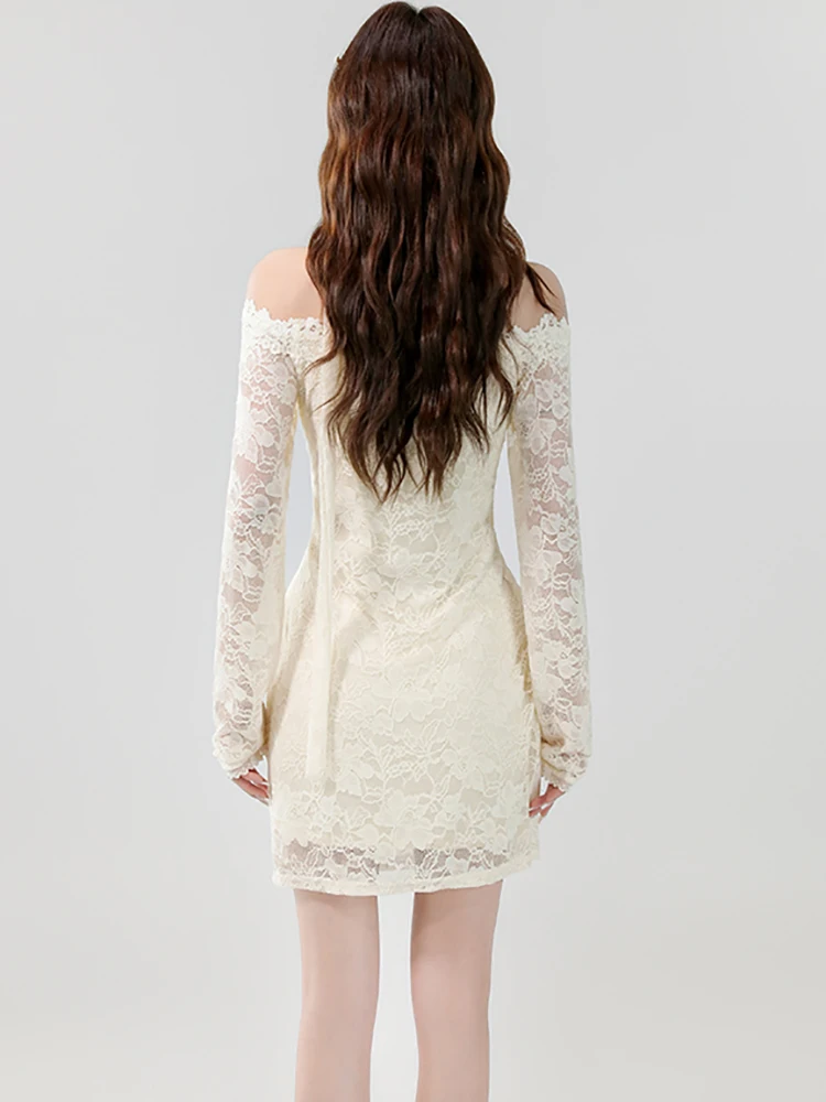 여성 한국 패션 우아한 캐주얼 드레스 가을 화이트 레이스 자카드 가슴 랩 섹시 드레스 2025 우아한 바디콘 숏 드레스