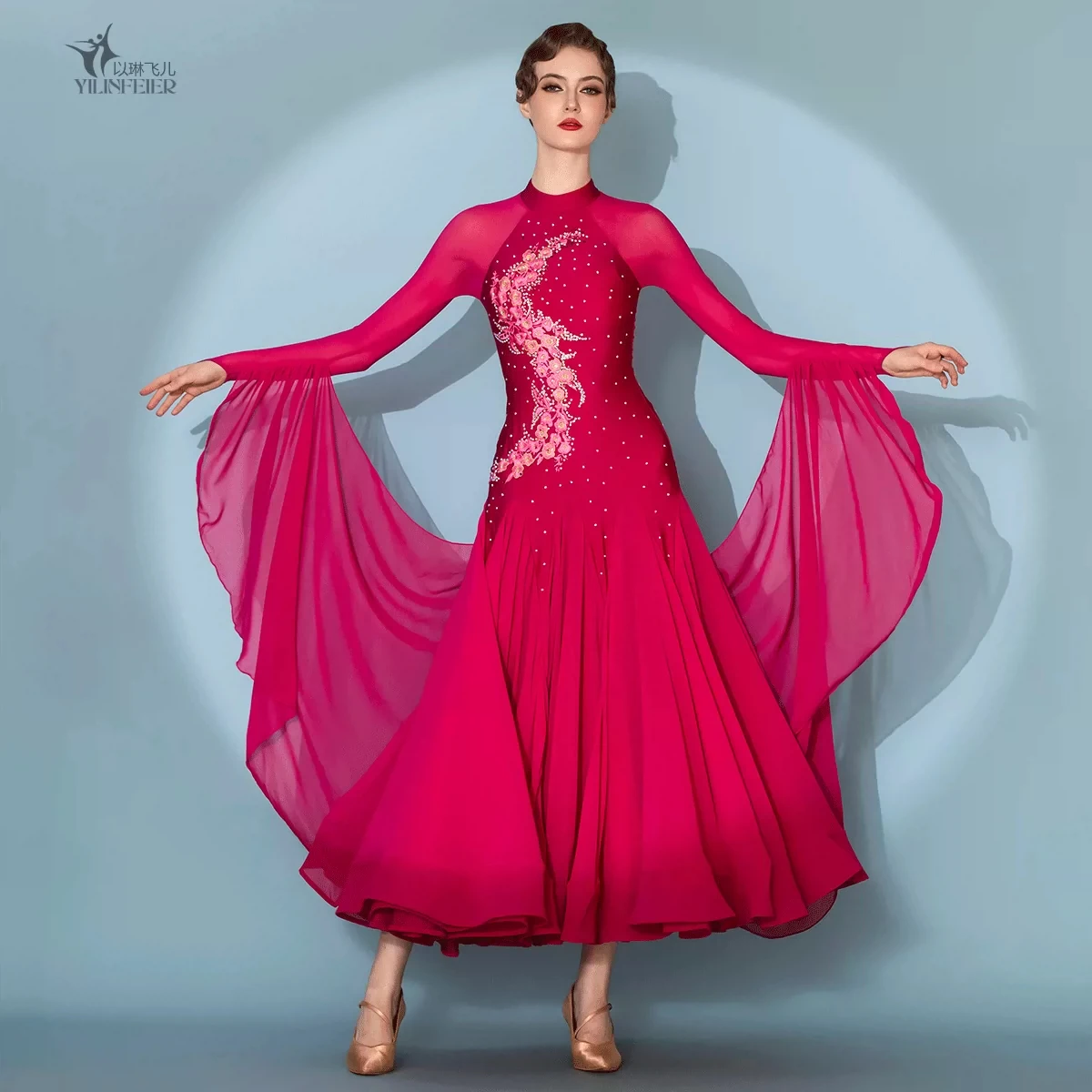 Ballroom dance competition dress with high neck long sleeves,diagonal floral rhinestone decor,wide floating sleeves and full swi