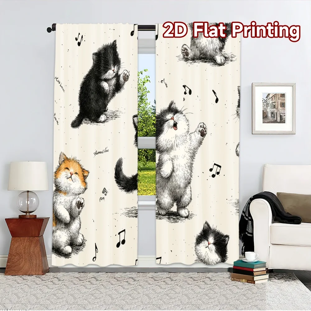 Warm Sketch Singing Kitten Blackout Rod Pocket Curtain Musical Note Cute Cat Decor Pet Homestay Bedroom Rest Bay Window