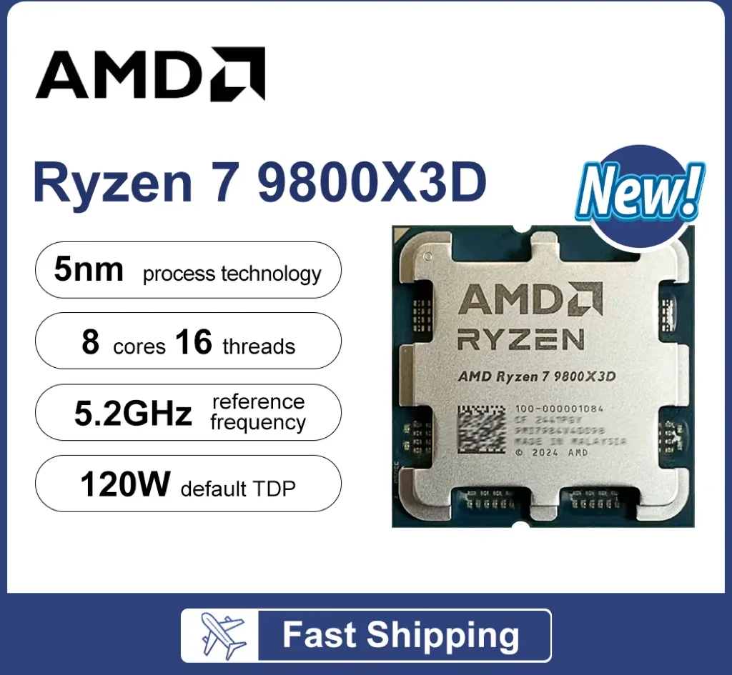 New AMD Ryzen 7 9800X3D processor with 8 cores and 16 threads up to 4.7 GHz, with 4nm process AM5 slots supporting DDR5 memory