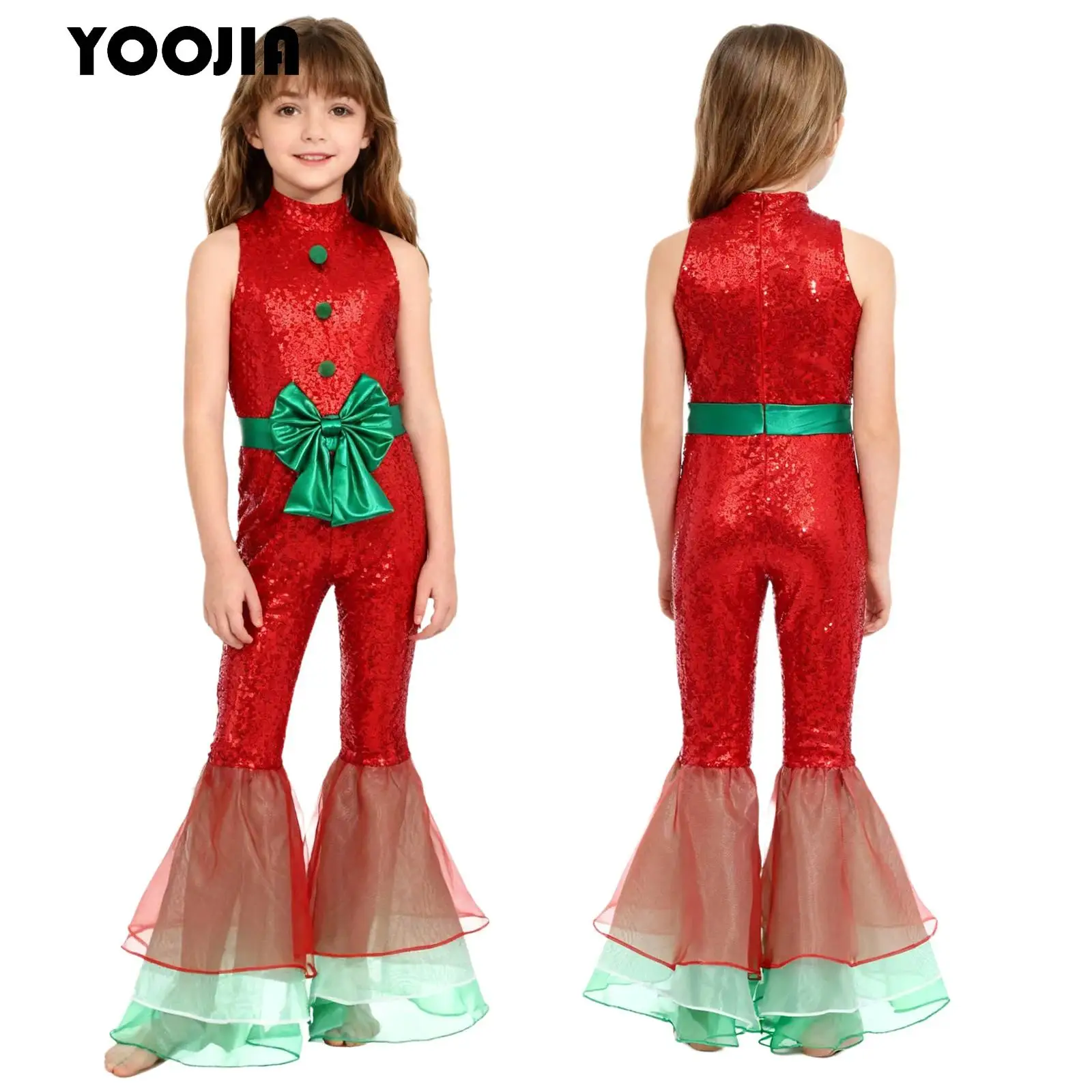 

Girls Sleeveless Sequin Christmas Flared Jumpsuit Dance Costume Tiered Flared Legs Pants Full Suit Jazz Hiphop Disco Dancewear