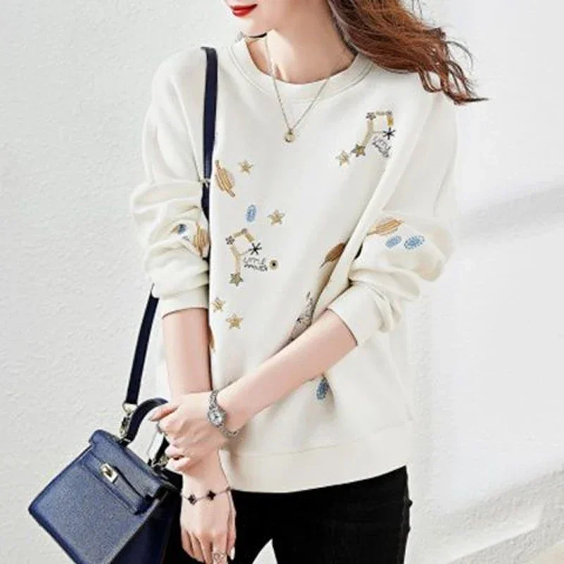 

Women Embroidered Elegant Pure Cotton All-match Pullovers 2025 Spring Autumn Round Neck Fashion Printing Long Sleeve Sweatshirts