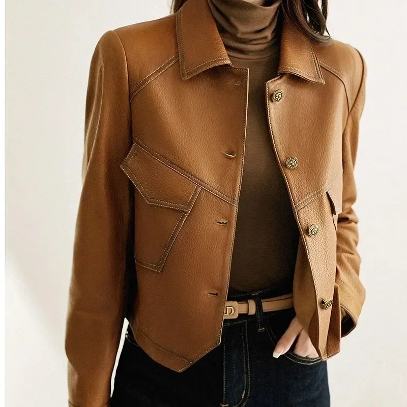 Caramel Black Leather Jacket Women Spring Autumn Jackets Fashion Pocket PU Leather Coat Single-Breasted Coat Female Outwear