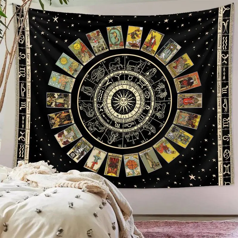 VIKAMA Tarot Card Wheel Tapestry Black Celestial Zodiac Astrology Wall Hanging Mystical Vintage Wall Art Bedroom Dorm Decor