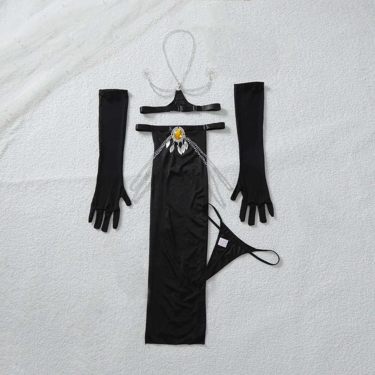 Chain Erotic set Hollow Out Women Satin Maxi Skirt Body Chain Long Gloves Thong Luxury Party Cosplay Sexy Lingerie