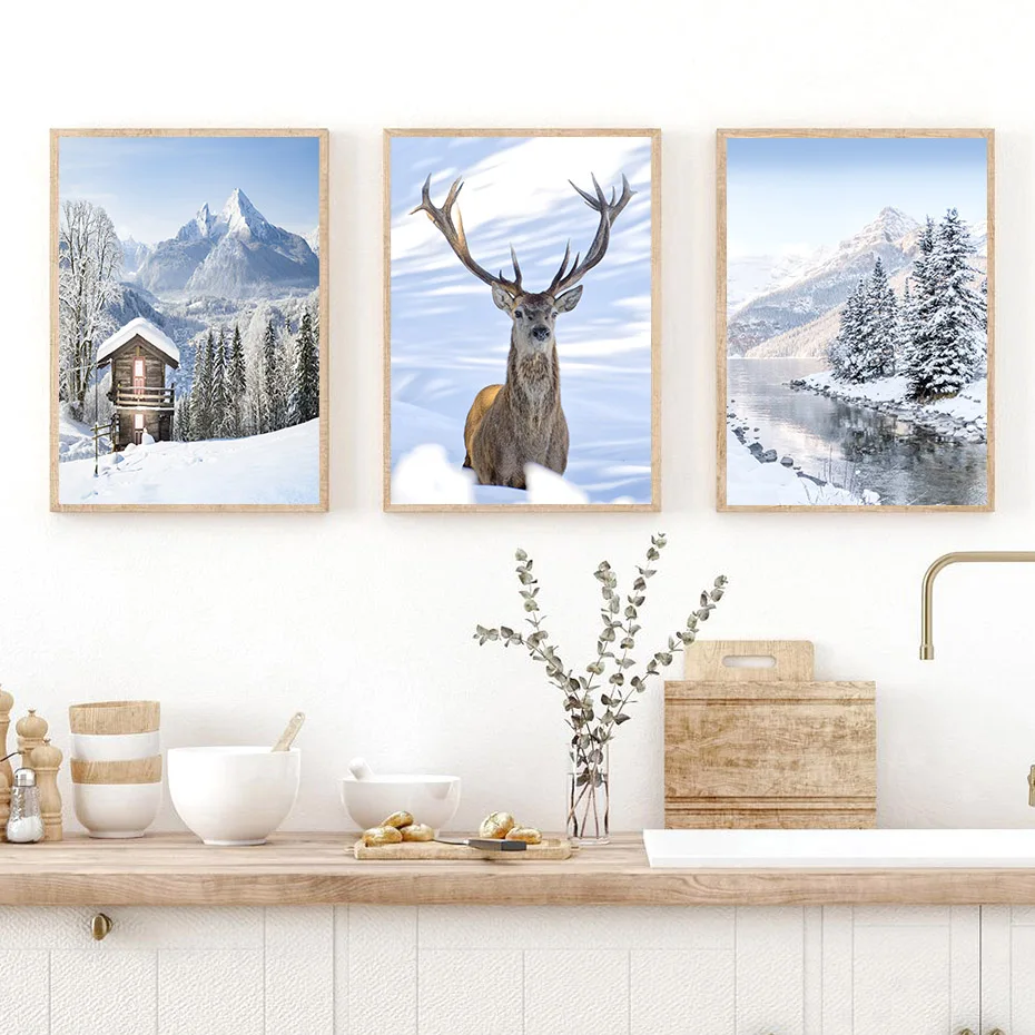 Snow Deer Mountain Lake Forest House Winter Landscape Wall Art Aesthetics Print Canvas Painting Posters for Modern Home Decor