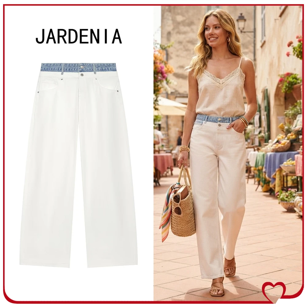 Elegant Fashion Straight Double Waistband Jeans for Women New in White Mid-rise Jeans with Contrasting Waistband and Belt Loops