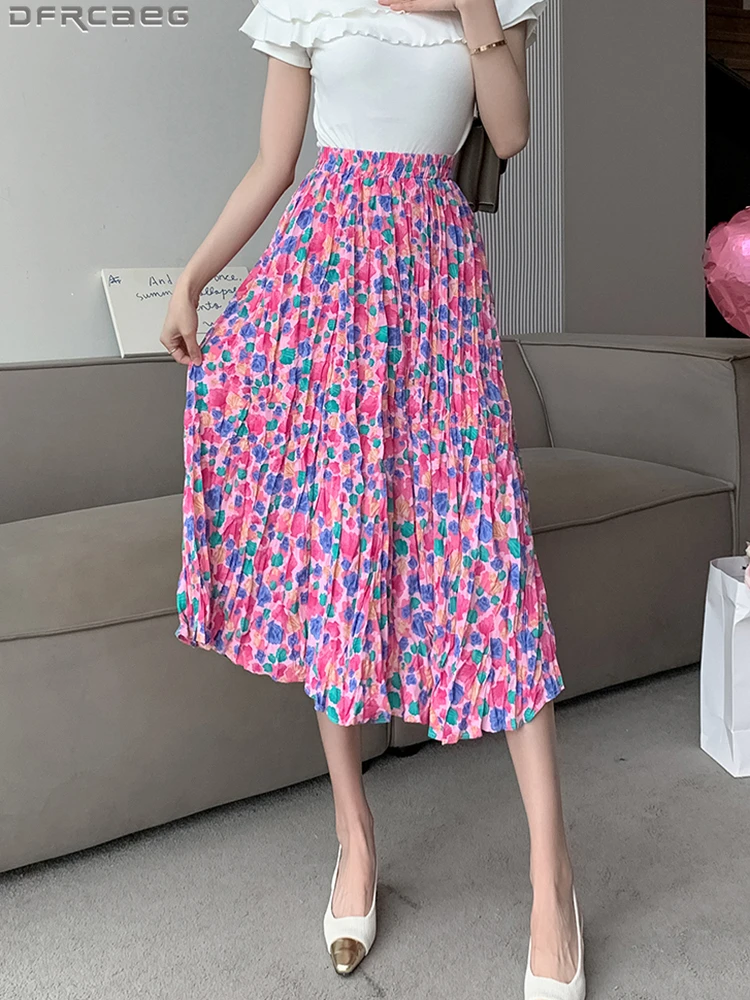 

Casual Summer Holiday Beach Skirts For Women New Fashion Pleated Boho Print Floral Skirt Loose Strecth Waist Jupe Longues Femme