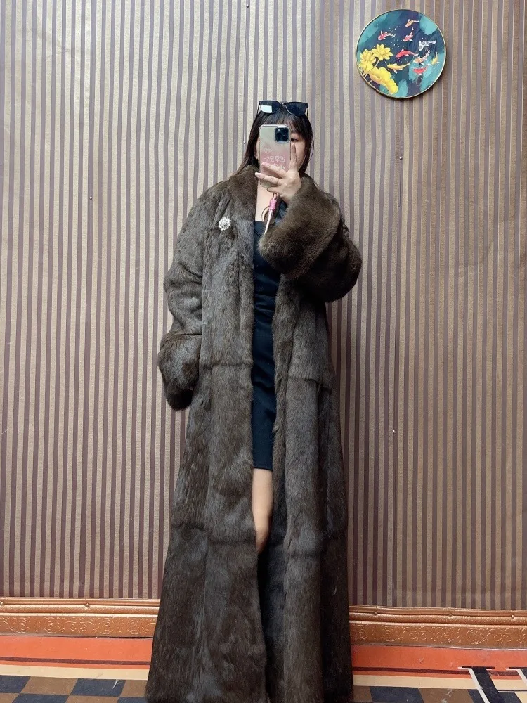 X-Long Length 120cm Natural Rabbit Fur Coat Brown White Color Rabbit Fur Jacket Winter Overcoats Women