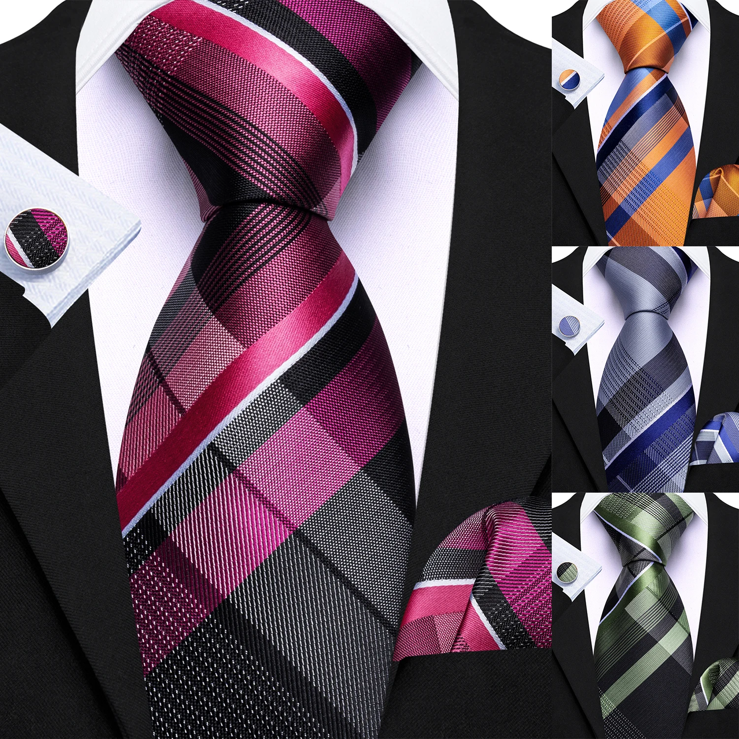 Men Tie Set with Pocket Square Cufflinks 3 Pieces Diagonal Plaid Check Necktie Formal Suit Accessory for Wedding Business Party