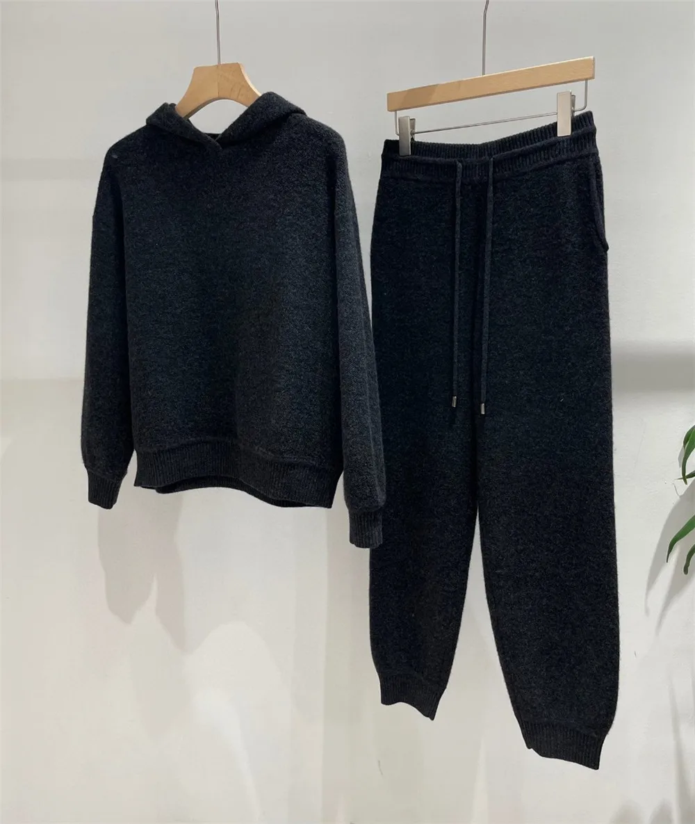 L*P Cashmere Wool Knitted Suit Women\'s Hooded Pullover Sweater+ Elastic Waist Casual Pants Two-piece Set  Autumn and Winter