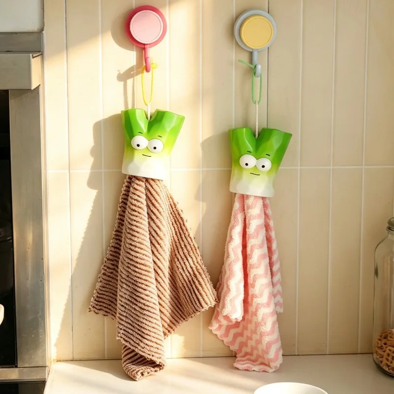 Cartoon Big Eye Green Onion Hand Towel Hanging Absorbent Cloth Kitchen Bathroom Quick Dry Funny Towel Handkerchief  Bandanna
