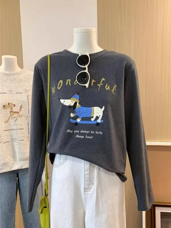 

Retro American Skateboard Dog Print Long Sleeve T-Shirt Women's Loose Casual Fashion Winter Top Versatile round Neck Design