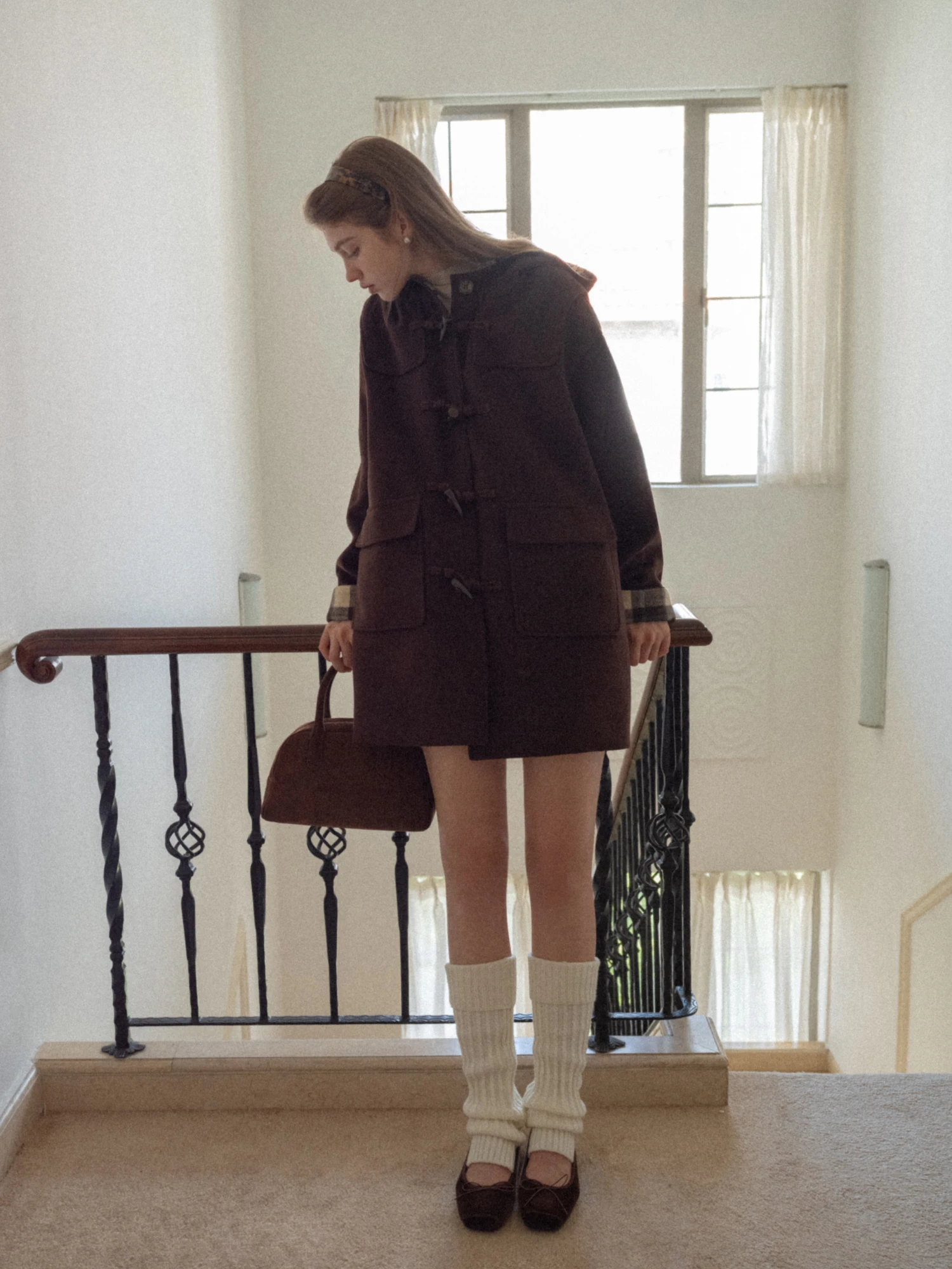 Eggka Mermaid Woolen Coat with Hat Middle-Length Loose Commute Top Button Design Polyester Mohair Rayon Fiber Long Sleeve