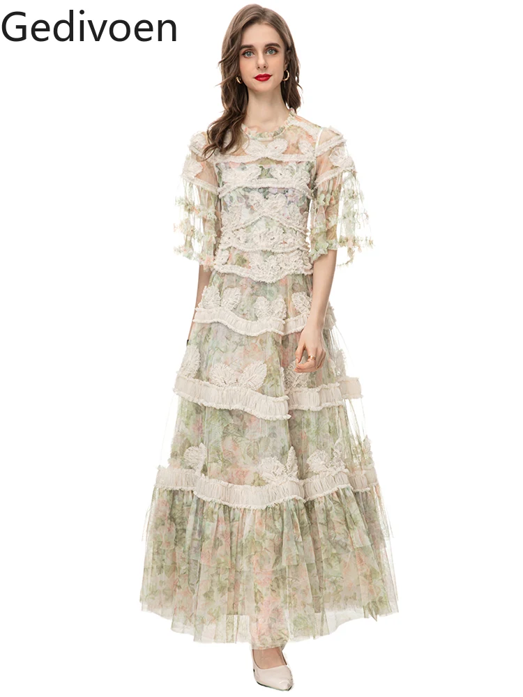 Gedivoen Fsahion Runway 2024 Frühling Sommer Frauen Midi Kleid Sheers Schnür blumen drucken o Hals ein Line Mesh Urlaubs kleid