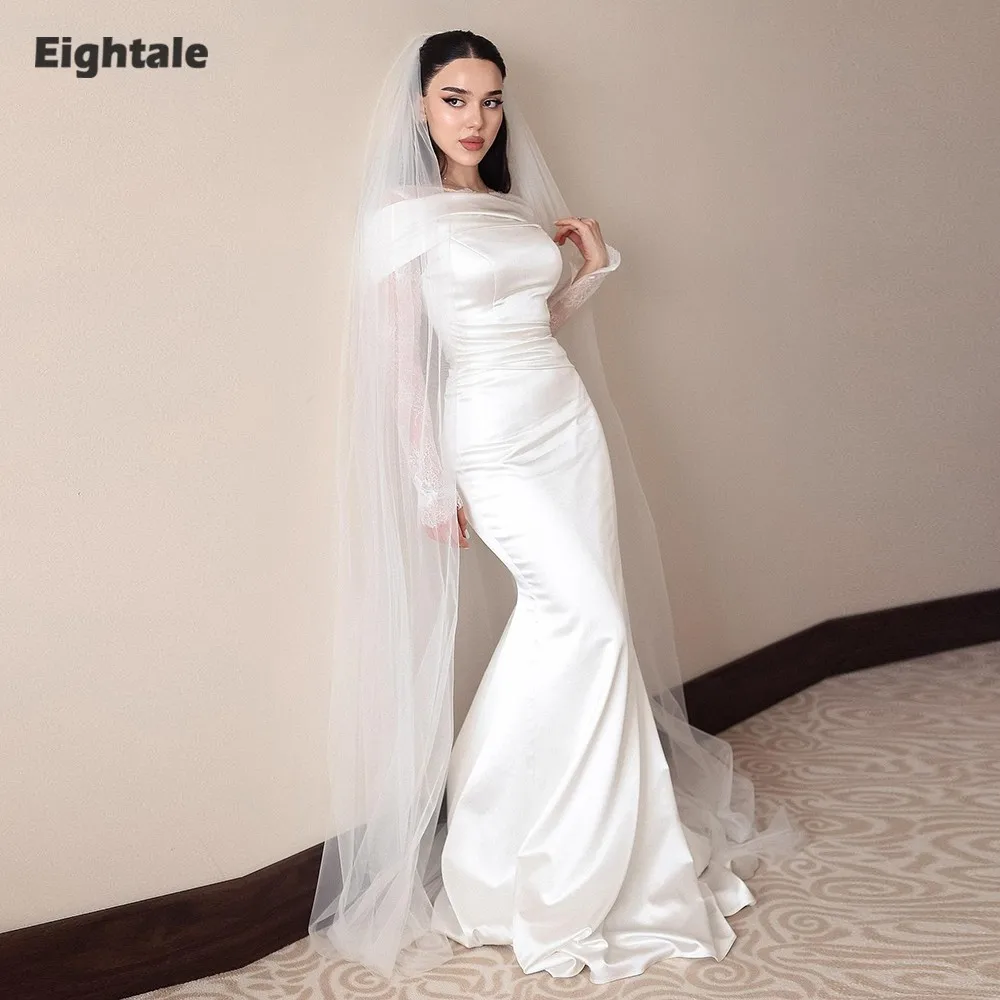 Eightale Arabic Wedding Dress Scoop Lace Customized White Ivory Satin Long Sleeves Muslim Bridal Gown Mermaid Bride Party Dress