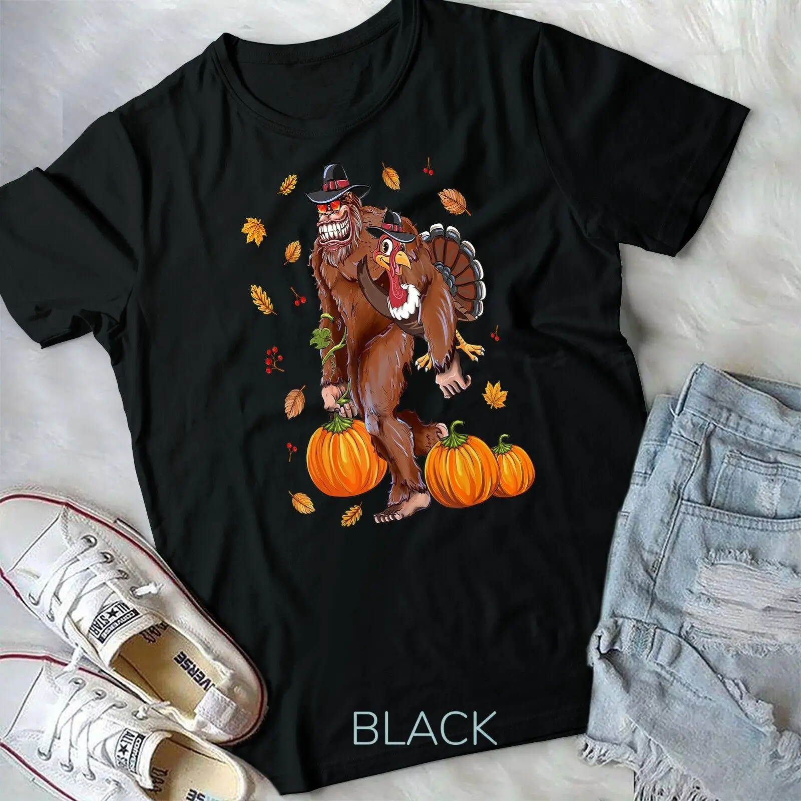 

Bigfoot Sasquatch Turkey Pumpkin Happy Thanksgiving Day Kids Unisex T-shirt