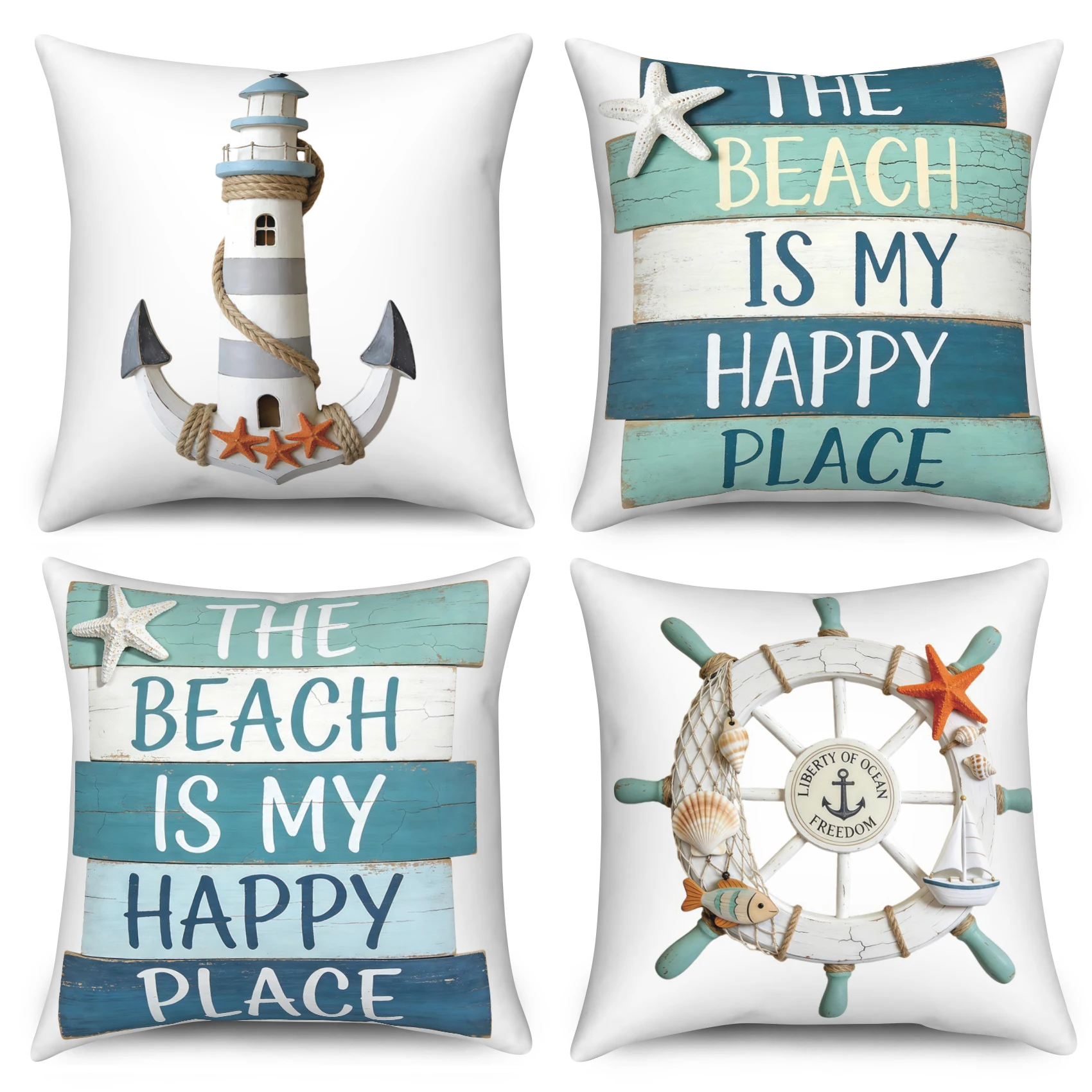 4Pcs/Set Nautical Throw Pillow Covers, Coastal Beach Lighthouse Anchor Cushion Cases, Polyester/Linen, Ocean Theme Home Decor
