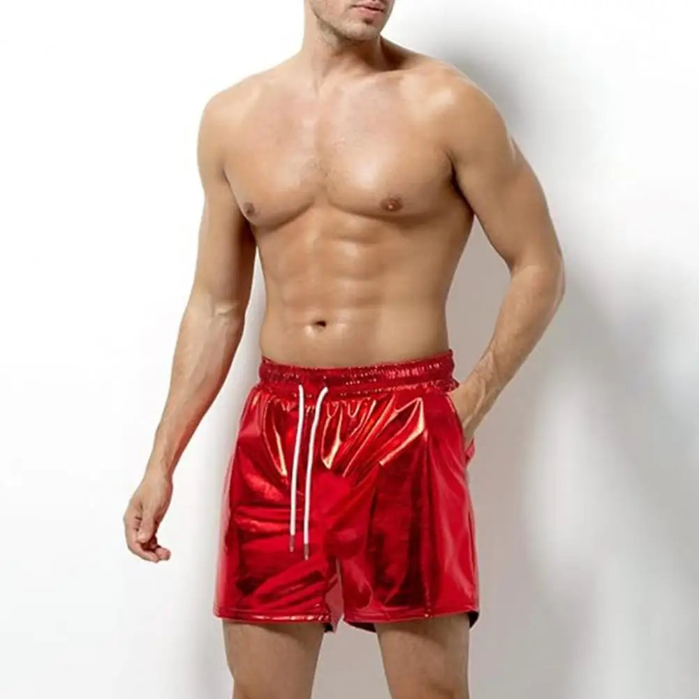 Men Glossy Surface Shorts Sparkling Shiny Men Shorts Drawstring Wide Leg Shorts Beach Casual Short Pants Running Sweatpant