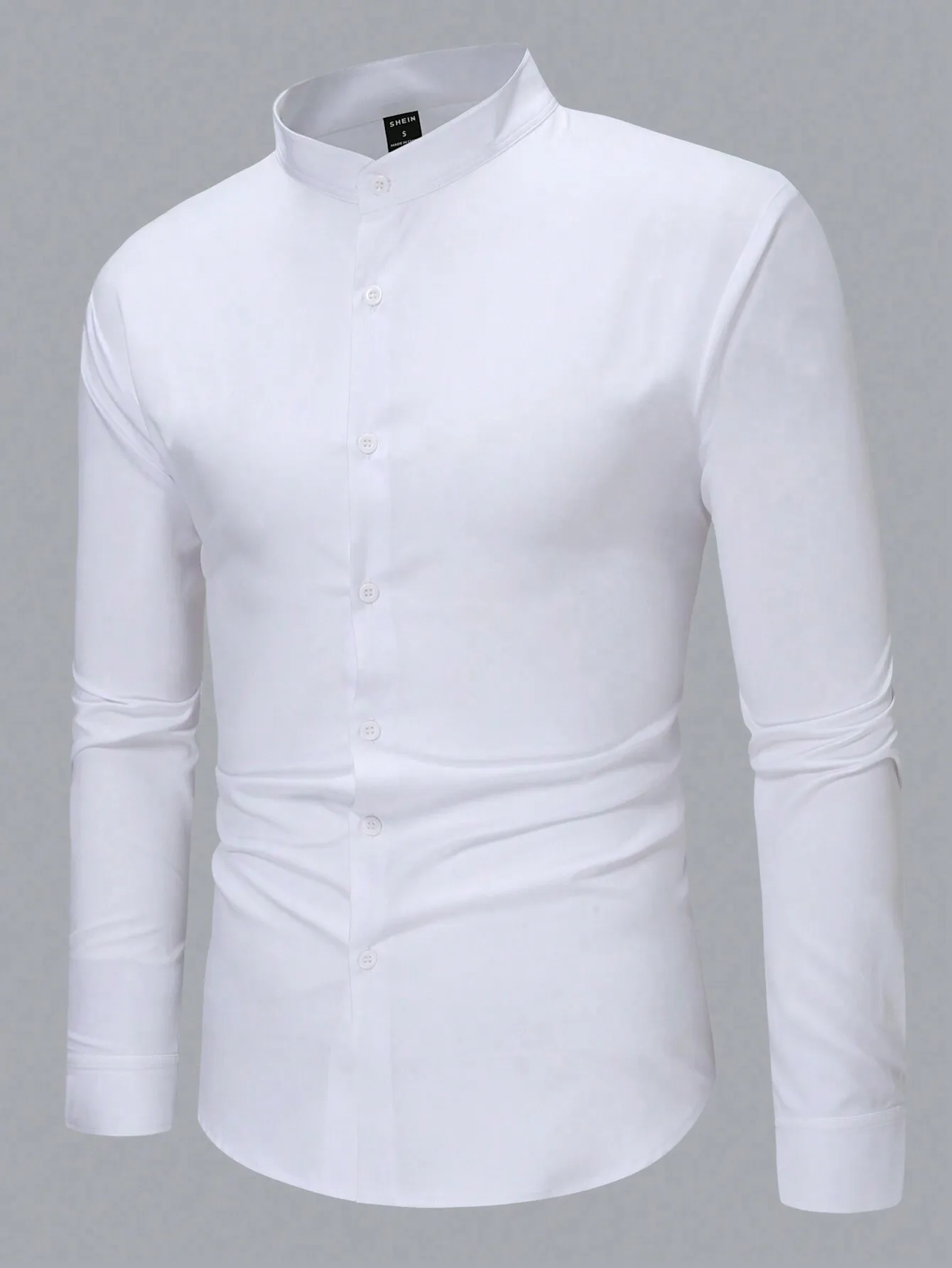 

Men's Solid White Slim Fit Mandarin Collar Button-Up Shirt for Business Casual Wear