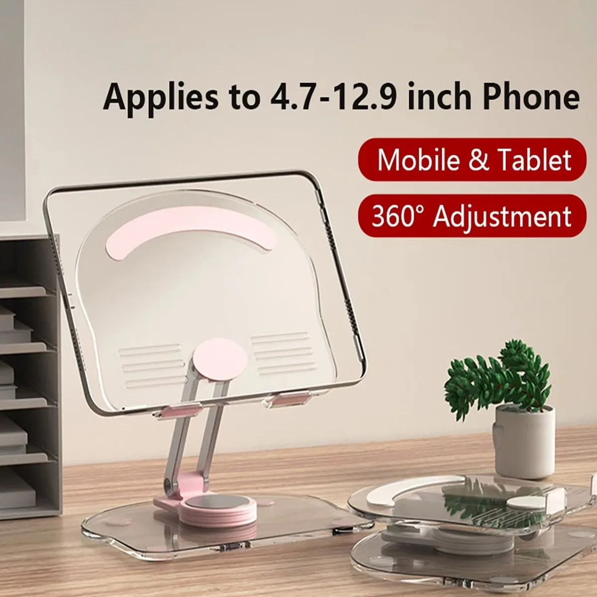 2Pcs Acrylic Tablet and Phone Stand, Suitable for Phones and Tablets from 4.7 to 12.9inch Inches - Cute and Easy to Use, 360° Rotation ° Rotatable, Foldable, and Easy to Carry, Available in Black, Pink, and White.