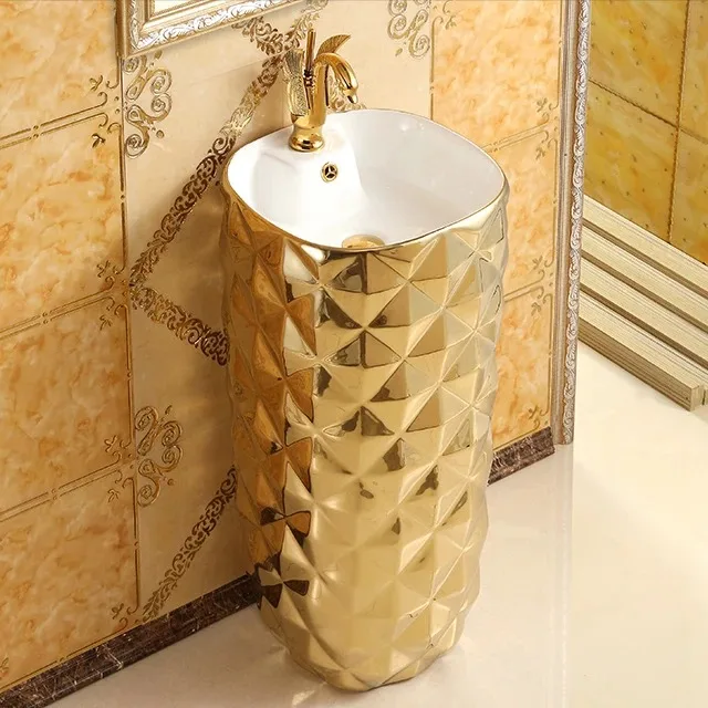 Floor Standing Ceramic Pedestal Sink Gold Plated Bathroom Washing Basin Household Vanity Wash Sink