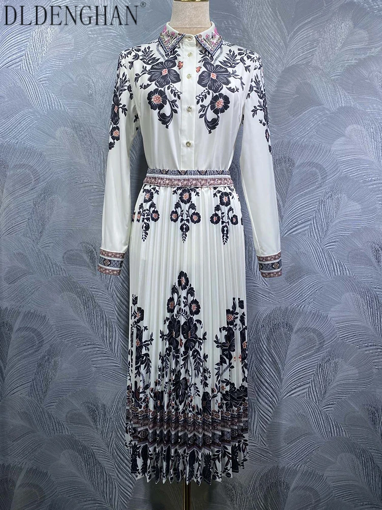 

DLDENGHAN Women Diamonds Turn-down Collar Long Sleeve Single-Breasted Tops + Elastic waist Pleated Skirt Vintage Two-Piece Set