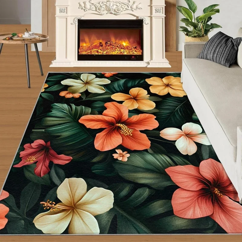 Boho Colorful Stained Glass Style Floral Area Rug Non-Slip Floor Mat for Living Room Bedroom Vibrant Botanical Home Decor