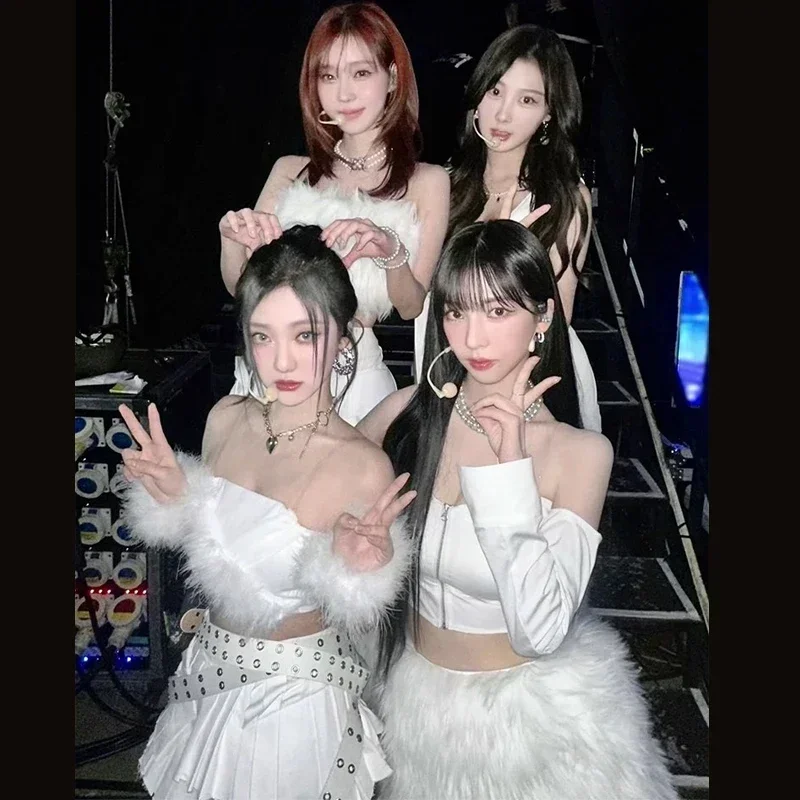 패션 재즈 댄스 의류 여성 가수 그룹 Kpop 복장 화이트 탑 스커트 고고 댄서 의상 무대 공연 착용 DWY9755