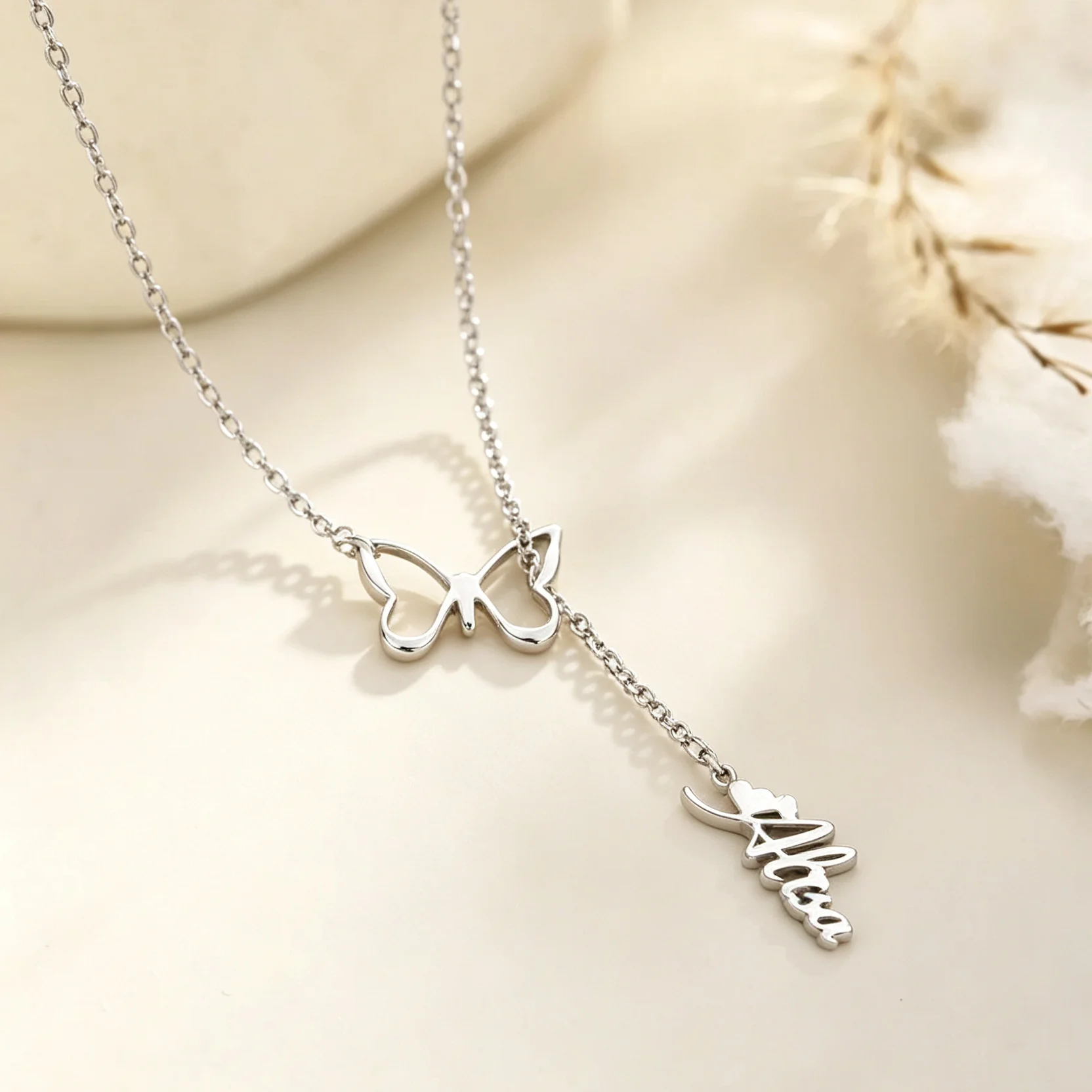 Custom Butterfly Hollow Name Necklace Stainless Steel Laser Cut Luxury Dangle Script Women Mom Girlfriend Daily Birthday Gift
