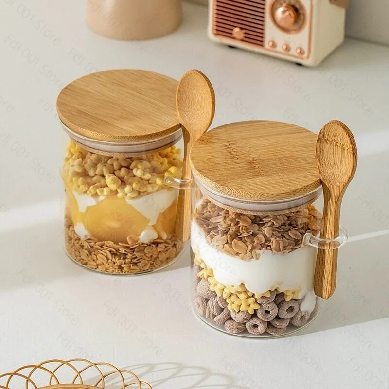 1Set/6Pcs Overnight Oat Jar With Spoon, Reusable Glass Food Storage Container, Kitchen Storage Tank, Moisture Resist