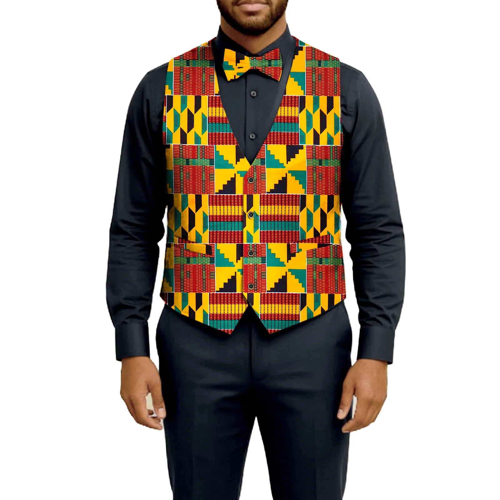 

Men's African Kente Print Vest and Bow Tie Set - Traditional Ethnic Style Formal Waistcoat for Wedding Party Festival