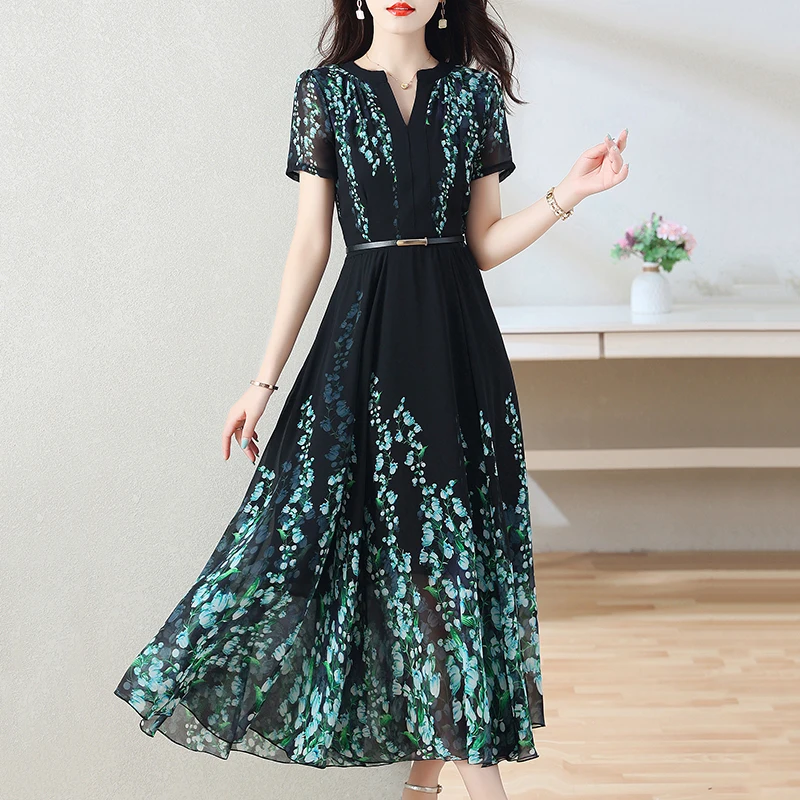 Bohemian Chiffon Beach Maxi Long Dress Women Summer Elegant V-Neck Belt Flower Print Purple Green Evening Party Dress 2023 New