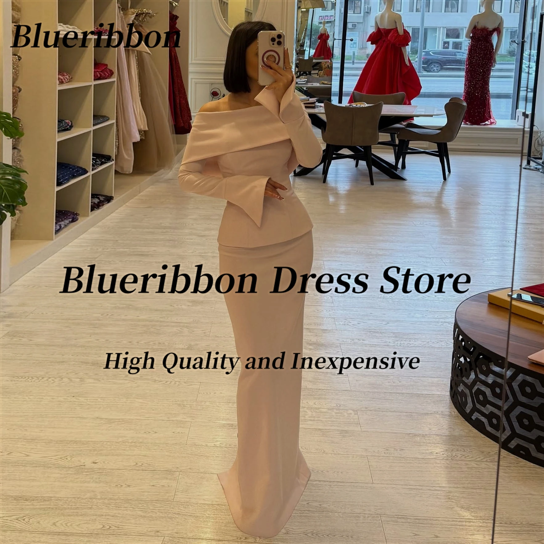 

Blueribbon Elegant Boat Neck Prom Dresses Long Sleeves Evening Gowns Zipper Back Bridesmaid Dress for Wedding Party Customized