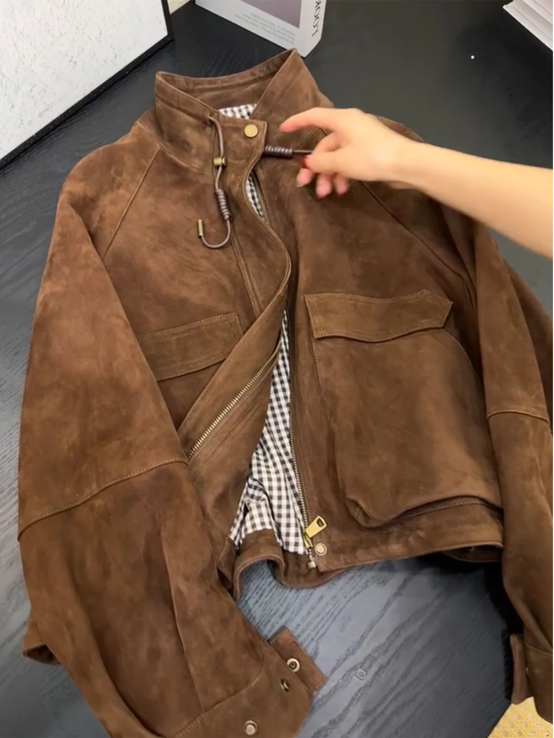 Chic Suede Jacket Women's Early Spring New Cold Tones Unique Matching Korean Style Long Sleeve Zipper Pocket Casual Outerwear