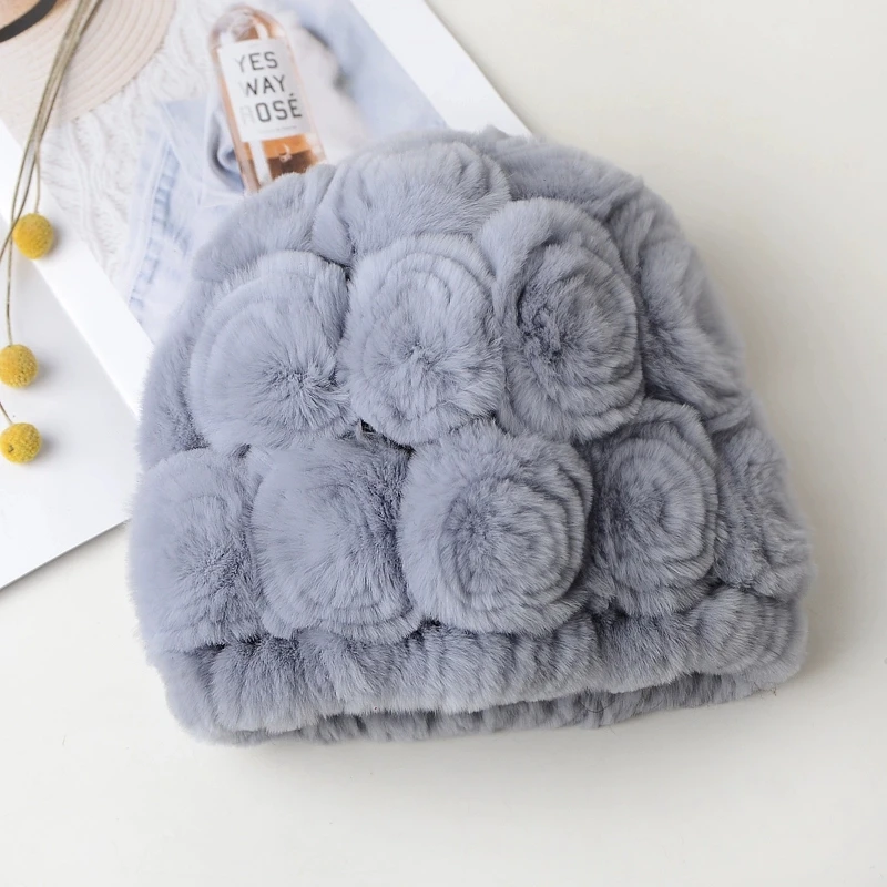 

Rose Korean Style Wool Hat Rabbit Fur Knitted Fur Middle-Aged Elderly Mom Thickened Warm Winter Holiday Gift Luxury