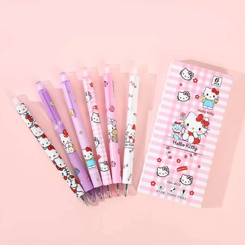 Sanrio Olá Kitty Gel Canetas para Escrever, Assinatura de tinta preta Pen, Papelaria bonito, Escritório e Abastecimento Escolar, 0.5mm, 6pcs por caixa