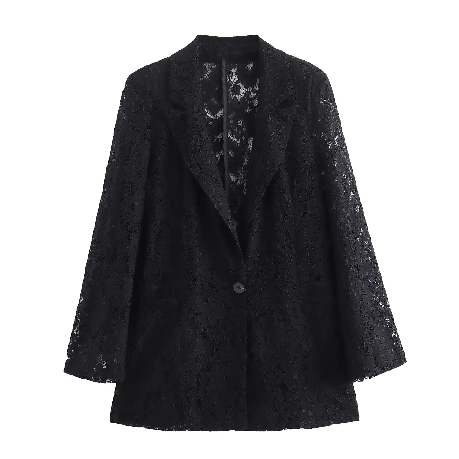 Tangada 2024 New Women Black Lace Suit Coat Button Long Sleeve Lady Blazer QD076