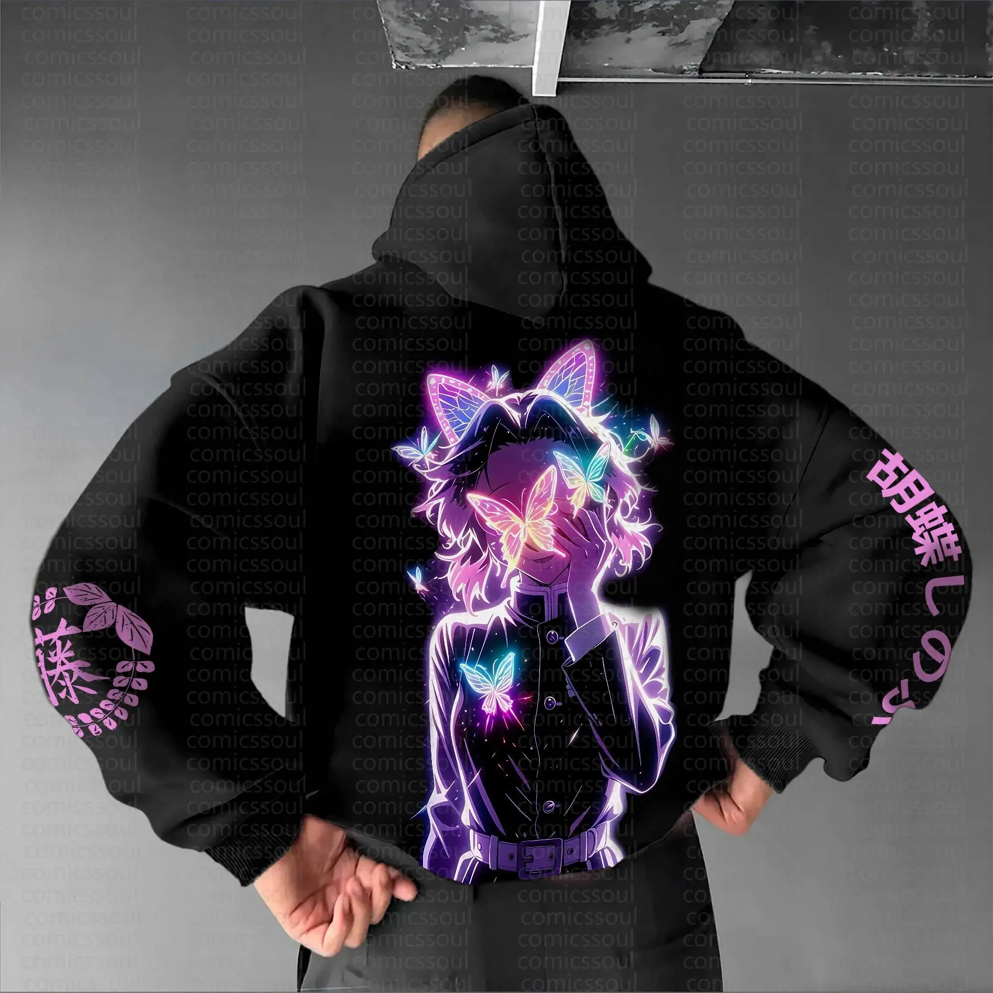 Demon Slayer Kimetsu No Yaiba Shinobu Kocho Zwarte Hoodie Paarse Vlinder Glow Print Anime Stijl Tweedelige Outfit Mouw Kanji