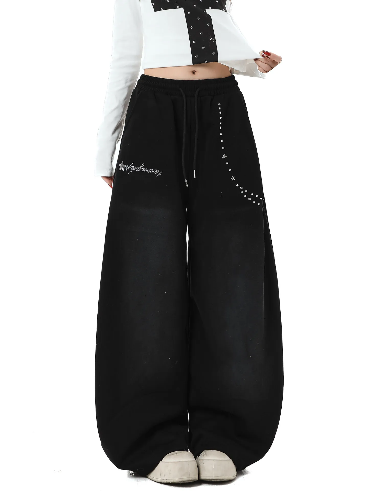 

American Retro Letter Rhinestone Casual Pants Women Spring Loose Lazy Slimming Dancing Dstring Wide Leg Pants
