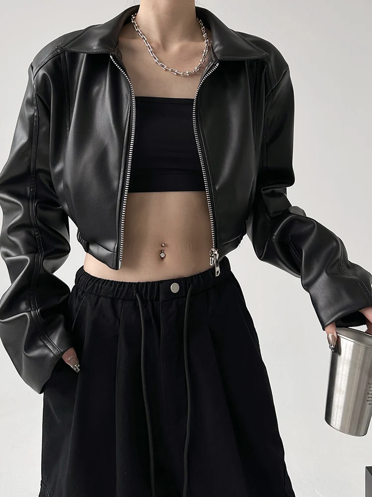 

American Retro Long Sleeve Collar Leather Jacket Women's Short Motorcycle Style Spring Autumn Sweet Cool Top PU Material