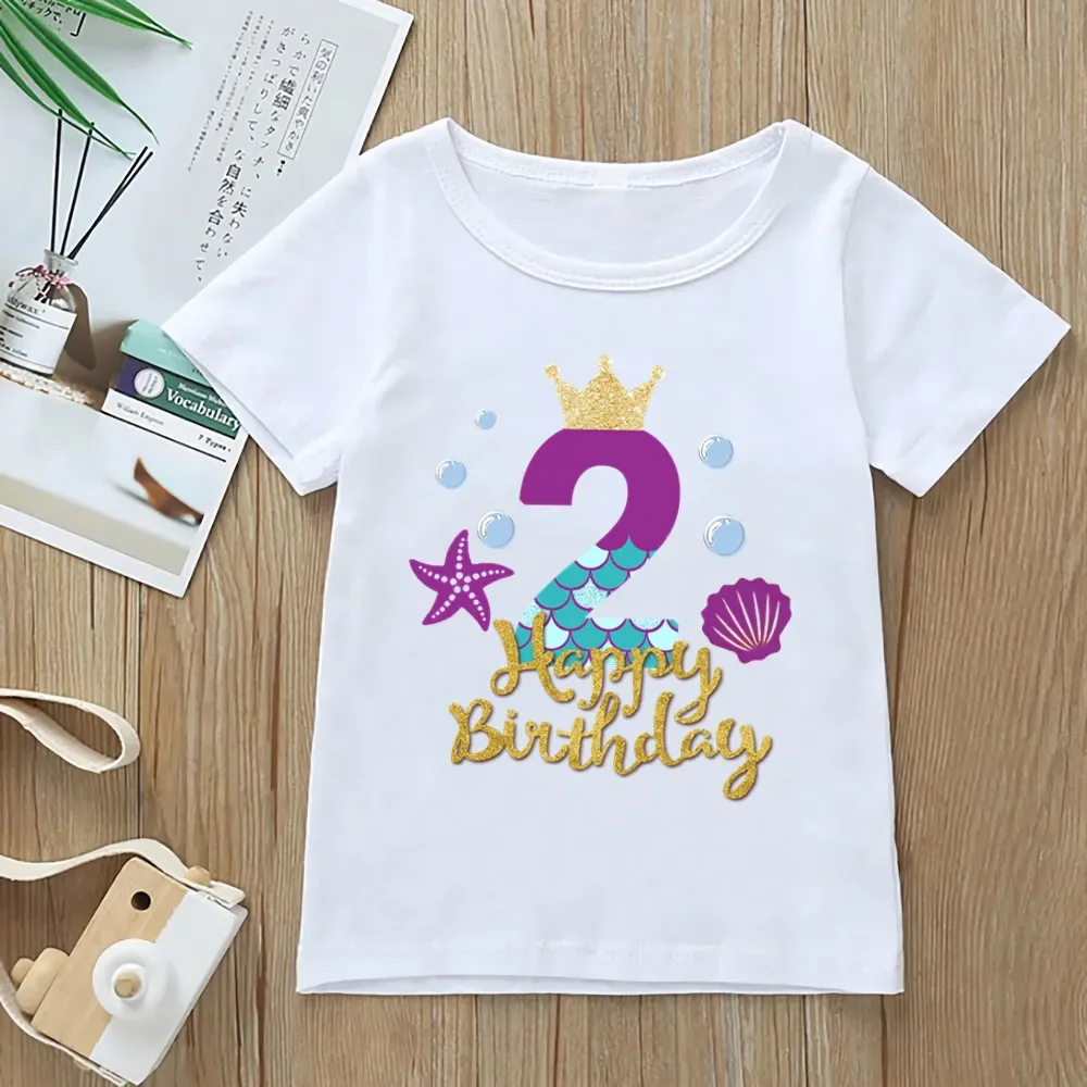 Mermaid Graphic Print T-shirt Age 1-9 Birthday Girl Princess Tshirt Children\'S Clothing Harajuku Kawaii Clothes Tops