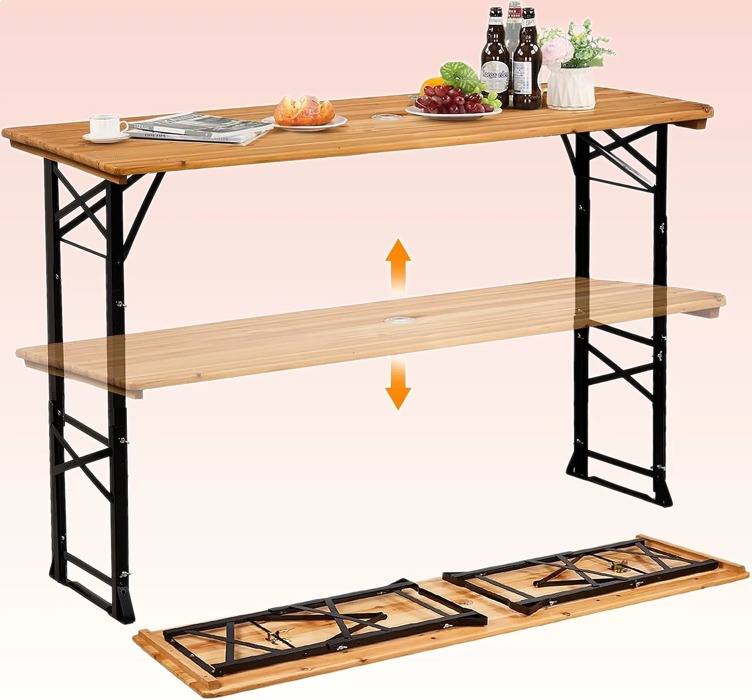 VINGLI 67 Inch Wooden Folding Picnic Table with Umbrella Hole, Adjustable Height for Sitting & Standing