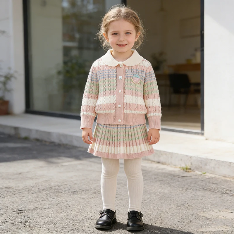 2026 New Spring 2-6Yrs Baby Girls Clothing Set Kids Knitted Clothing Suit Long Sleeved Knitted Cardigan+Short Skirt