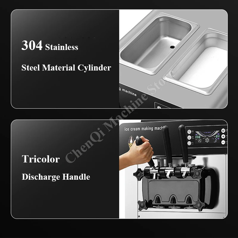Коммерческая машина для мягкого мороженого, 1500 Вт, производительная емкость 6,6–7,9 галлонов в час, бункер 2x6 литров, 3 вкуса, ЖК-панель