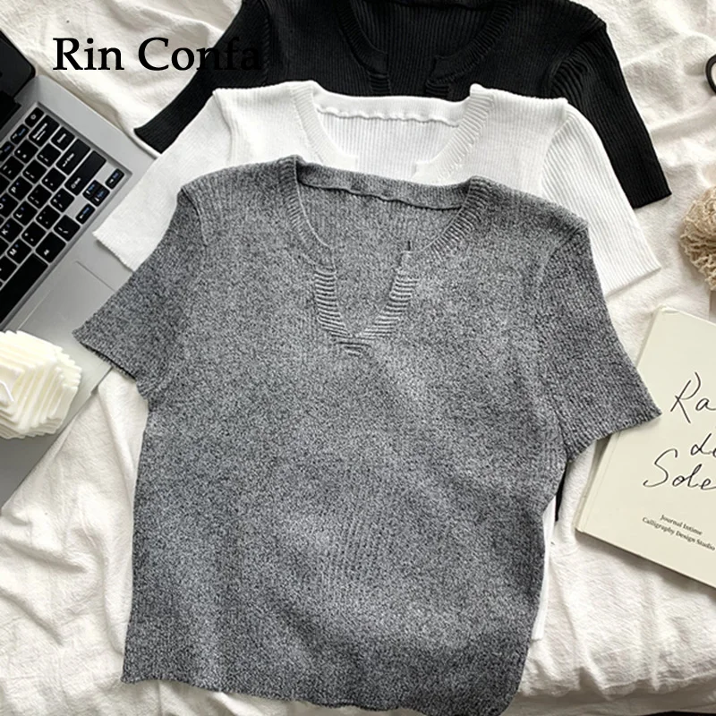 

Rin Confa Women Positive Shoulder Lce Silk Short Sleeved T-Shirt Summer New Pretty V-Neck Tops Fashion Slim Thin Knitting Top