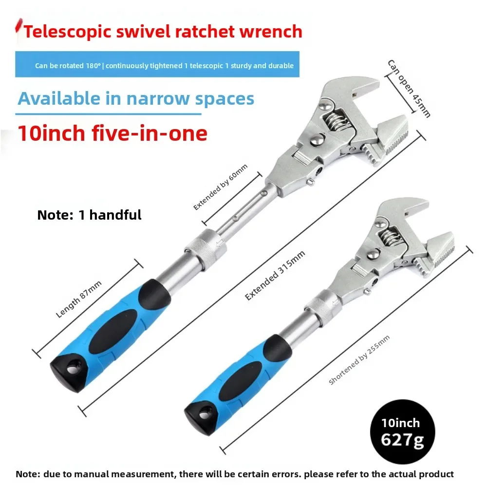 Versatile 10 Inch Adjustable Pulley Ratchet Spanner 5 In 1 Foldable Maintenance Hand Tool