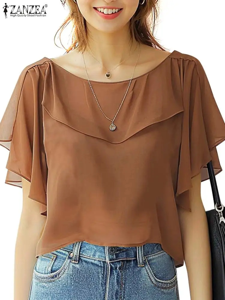 ZANZEA Women Chiffon Blouse Elegant Short Sleeve Shirt 2024 Summer Korean Fashion Solid Tops Tunic Casual Loose Ruffle Hem Blusa