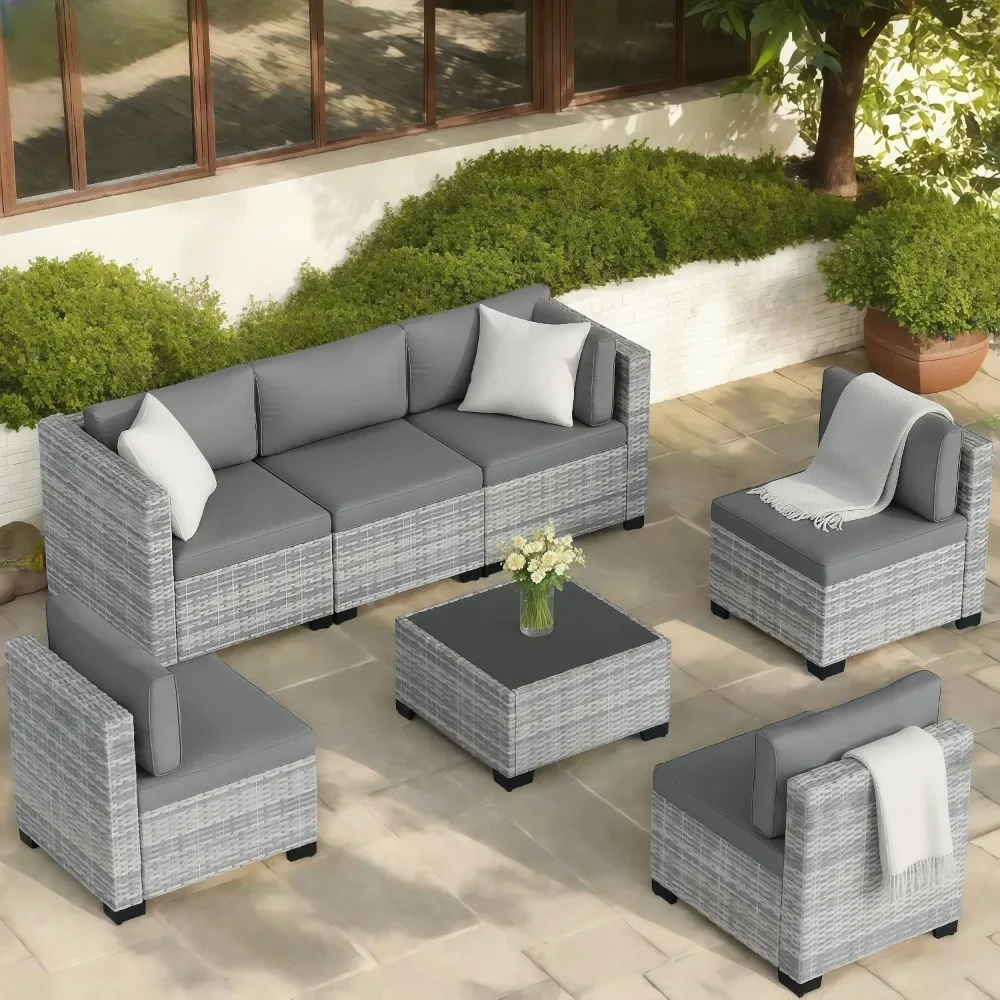 

7PCS Handwoven Rattan Patio Furniture Set Sectional Sofa Garden Cushion Conversation Set Outdoor Living Room,Customized